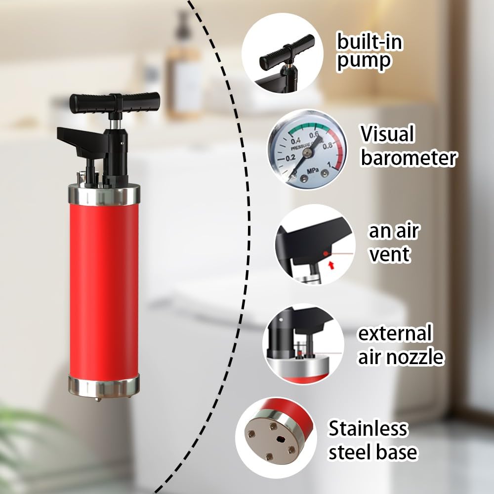 Pompa Stura Scarichi a Pressione con 4 Teste Intercambiabili, Tubo di Collegamento, Sturalavandini a Pressione con Manometro Visivo, Sturalavandino ad Aria Compressa, Rosso