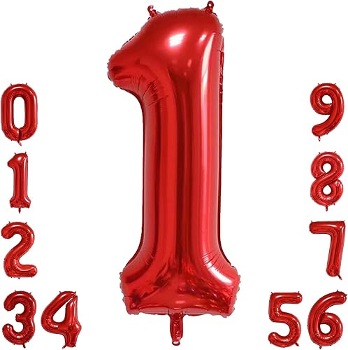COLOURBOW Globos rojos del número 1 globos del número 40 pulgadas globos de helio de aluminio para fiestas de cumpleaños aniversario rojo 1