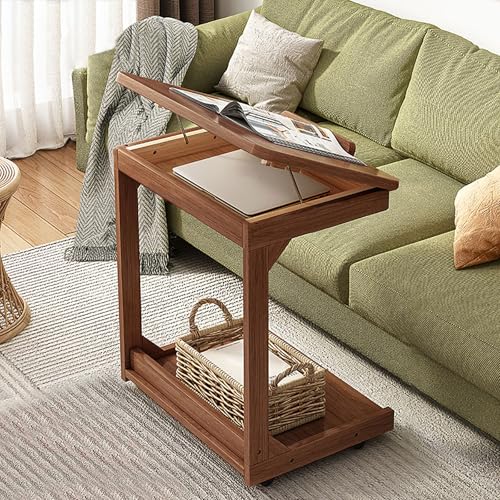 パソコンデスク 無垢材フレーム フリップトップデスクトップ 二層収納 ソファーテーブル 360°回転 強くて耐久性がある キャスター付きテーブル リビングルーム 寝室 書斎に適しています (A-1 40x40x63cm)