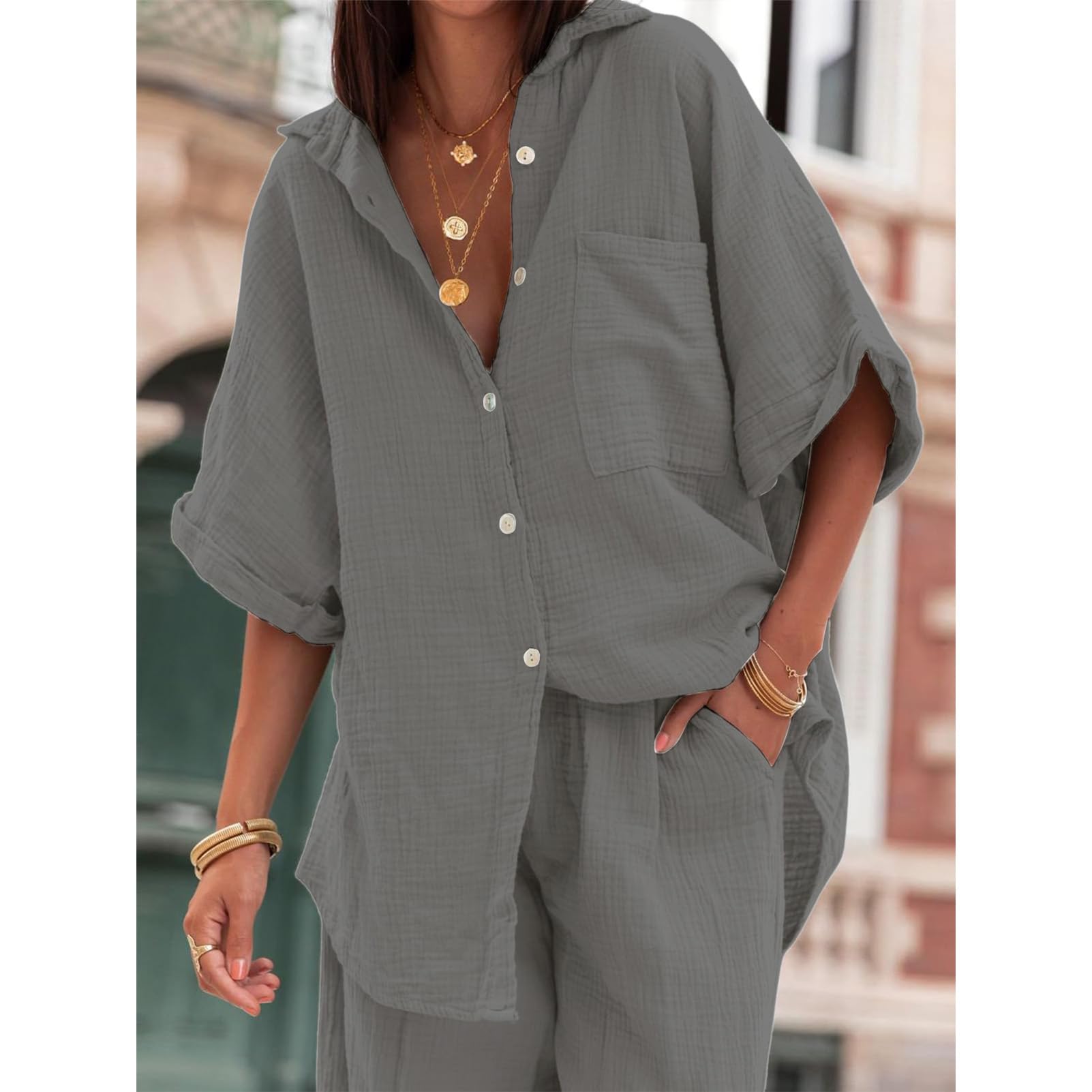 amropi Donna Tuta a Maniche Corte Camicia Bottone e Pantaloni a Gamba Larga Estate Loungewear Set
