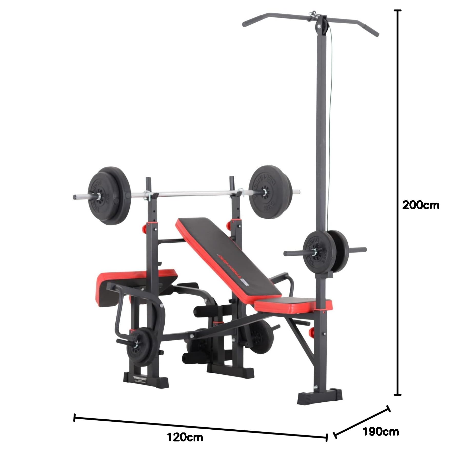 TrainHard Kraftstation Fitnesscenter Hantelbank schwarz/rot mit 1,6m Langhantelstange und 25kg Hantelscheiben