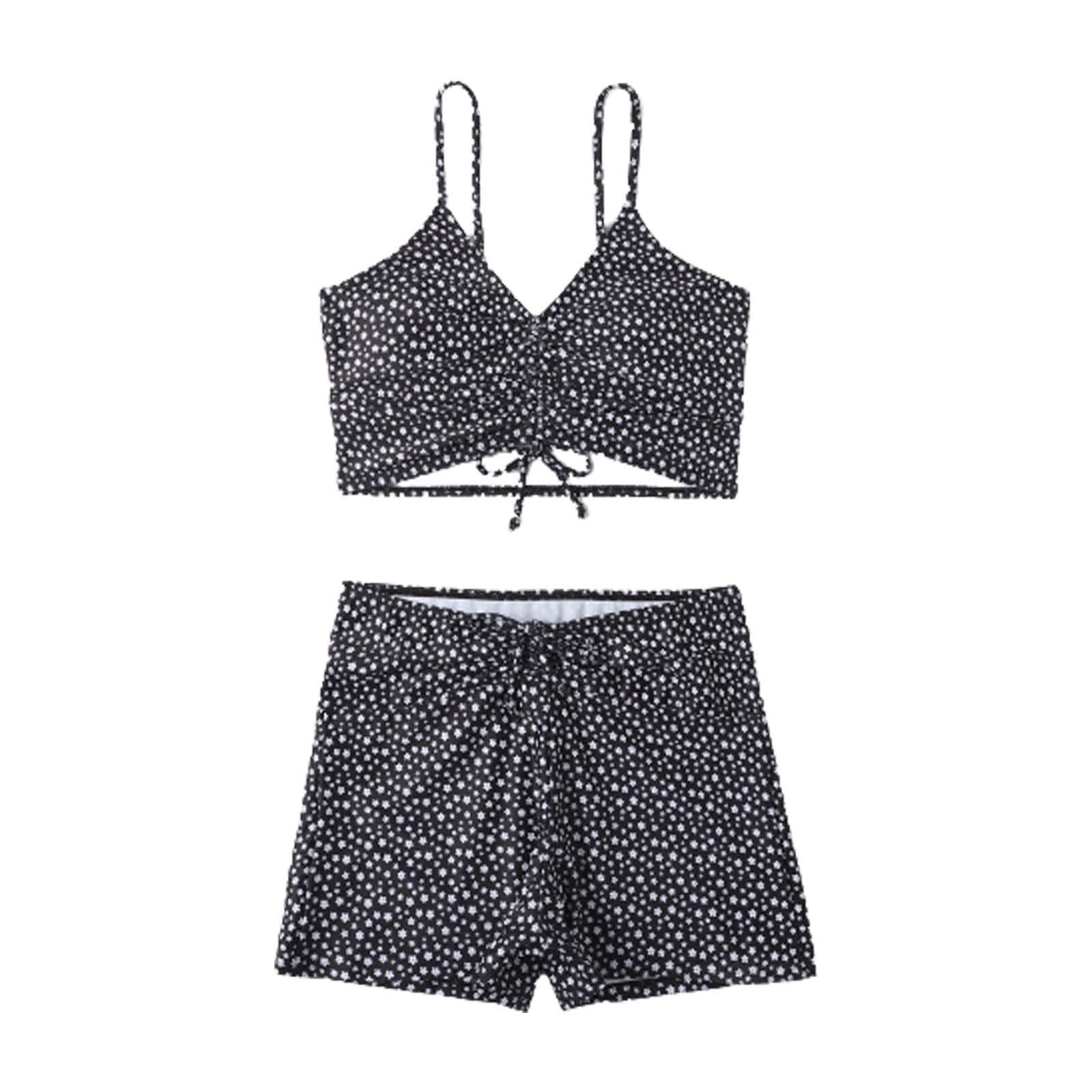 Damskie Letnie Dorywczo Dwuczęściowe Retro Kwiatowy Nadruk Kąpielówki Z Wysokim Stanem Sznurkiem Sznurowany Top, Zielony, M