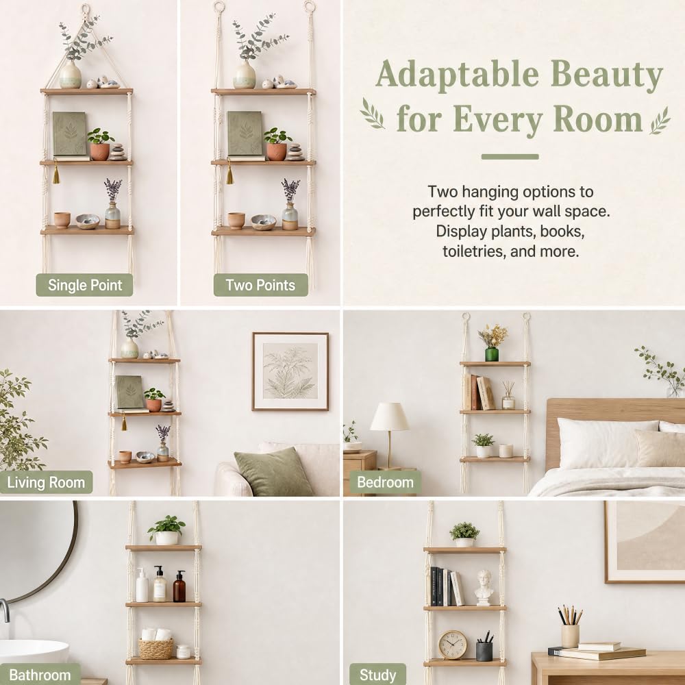 Mensole da Muro Legno, 3 Livello Scaffali di Corda in Legno con 2 Ganci Mensola Sospesa con Corda in Stile Boho Scaffale da Appendere da Parete Decor e Archiviazione per Soggiorno, Bagno