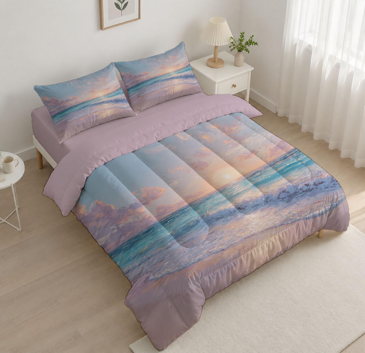 Oil Painting Landscape Comforter Set Queen Size, Beautiful Beach Sunset Bedding Set for Girls Boys, Light Pink Quilt Bed 90"X90" Bedding Comforter Sets with 2 Pillowcase Room Decor