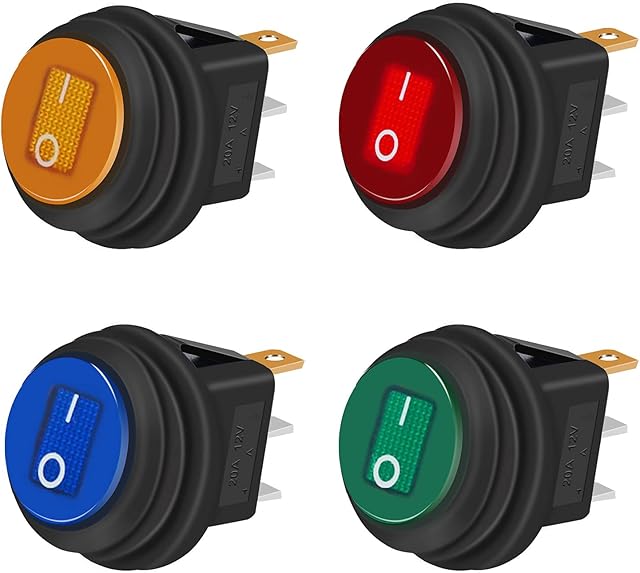 Taiss/4Pcs Rocker Toggle Switch Waterproof Round 12V 20A 4 Colours LED 3 Pins ON/OFF, For Car and Boat KCD1-8-101NW-4C