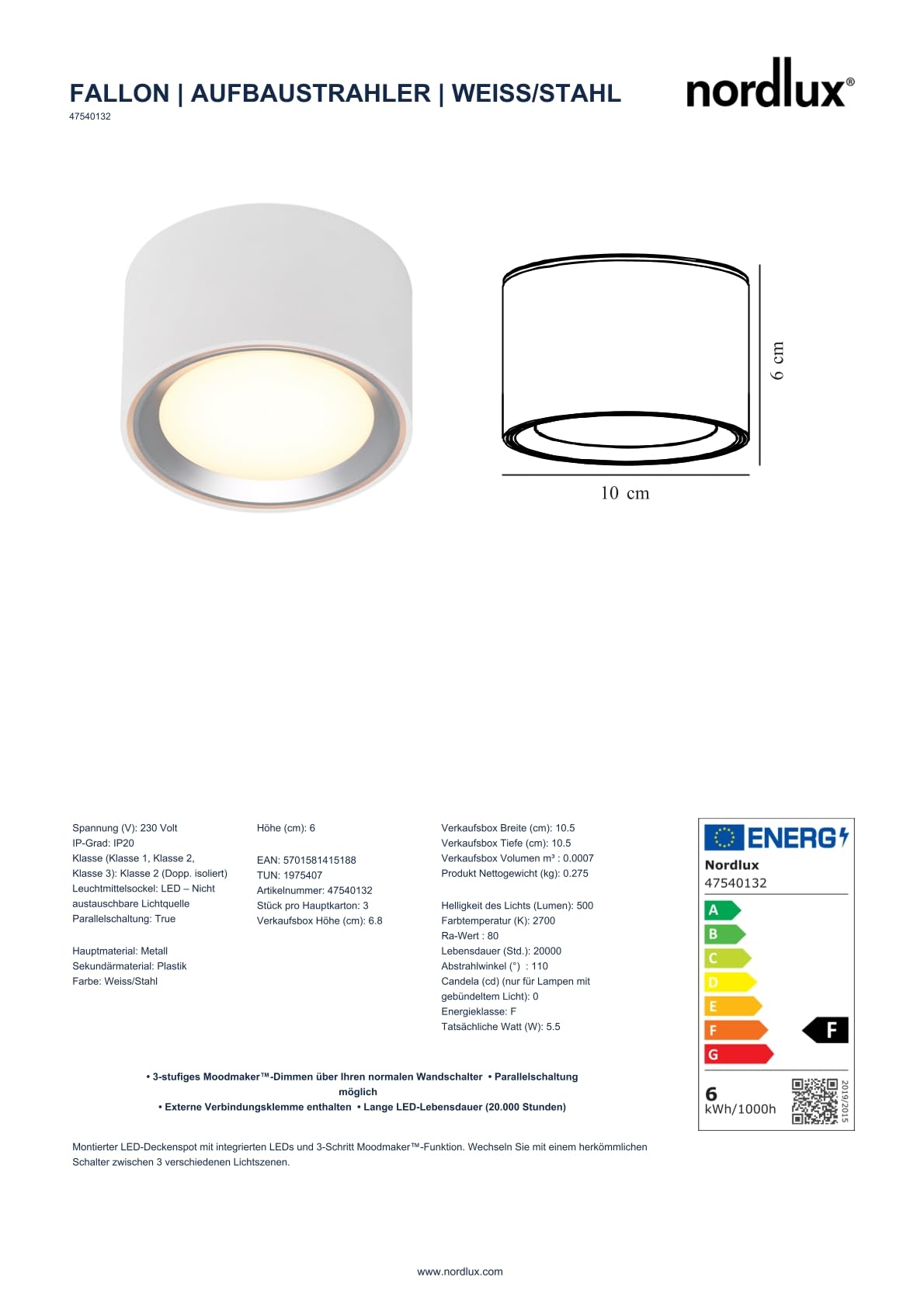 Nordlux FALLON LED Aufbaustrahler im 2er-Set – Dimmbar (3-Stufen Moodmaker™), 2700K Warmweiß, 500 Lumen, Schwenkbar, Weiß/Stahl – Ideal für Decke & Wand, energiesparend