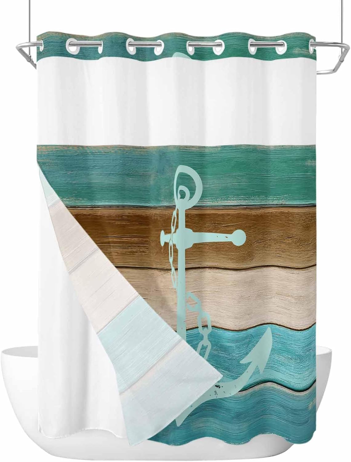 Nautical Anchor No Hook Shower Curtain with Snap in Liner, Blue Brown Wood Grain Vintage Ocean Waterproof Shower Curtains with See Through Top Window Liner for Bathroom, 72x96 Inches