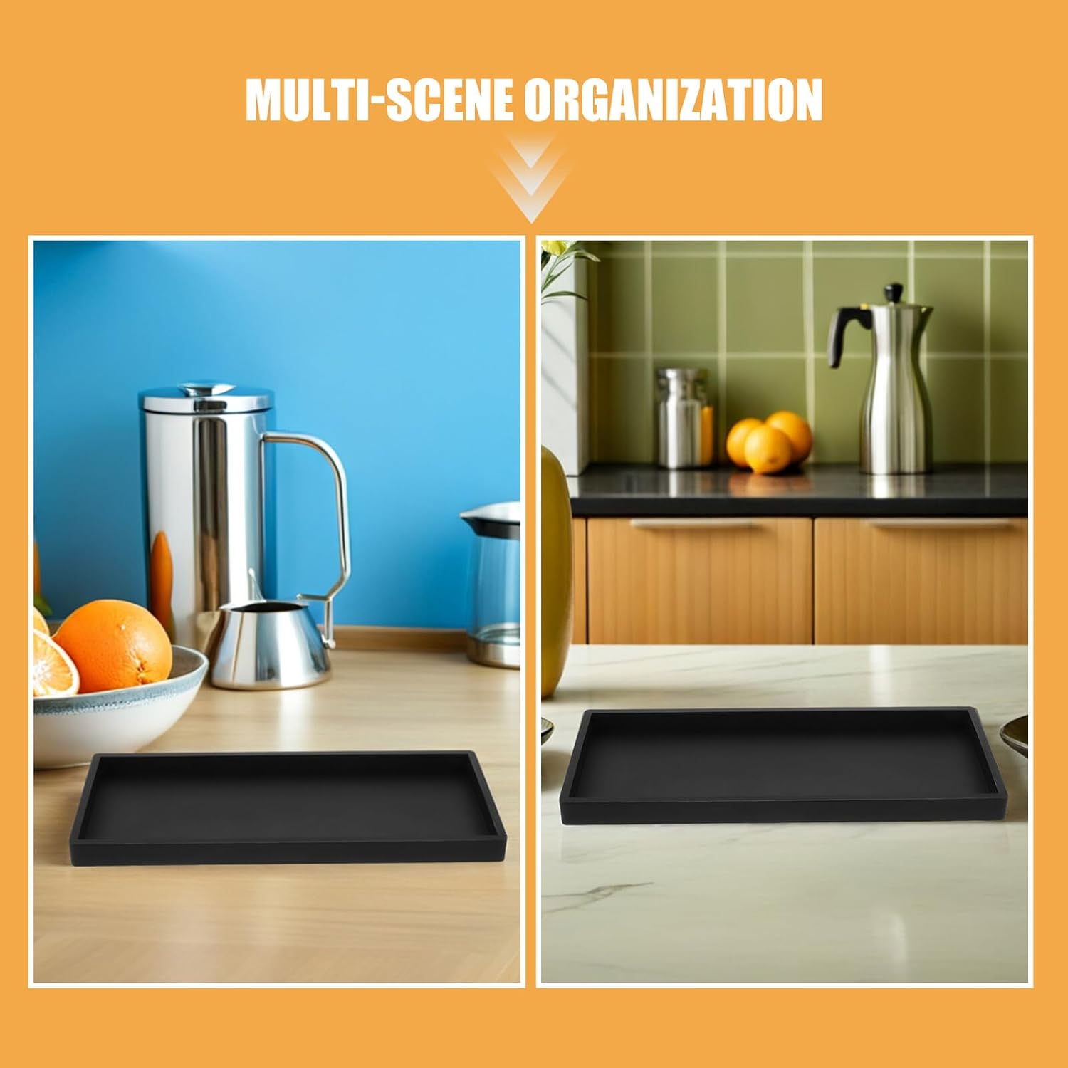 Garneck 2PCS Large Silicone Storage Trays for Bathroom Vanity and Kitchen Counter Anti-Slip Sink Organizer for Soap Scrubber Lotion Perfume and Key Holder Easy-Clean Rectangular Black
