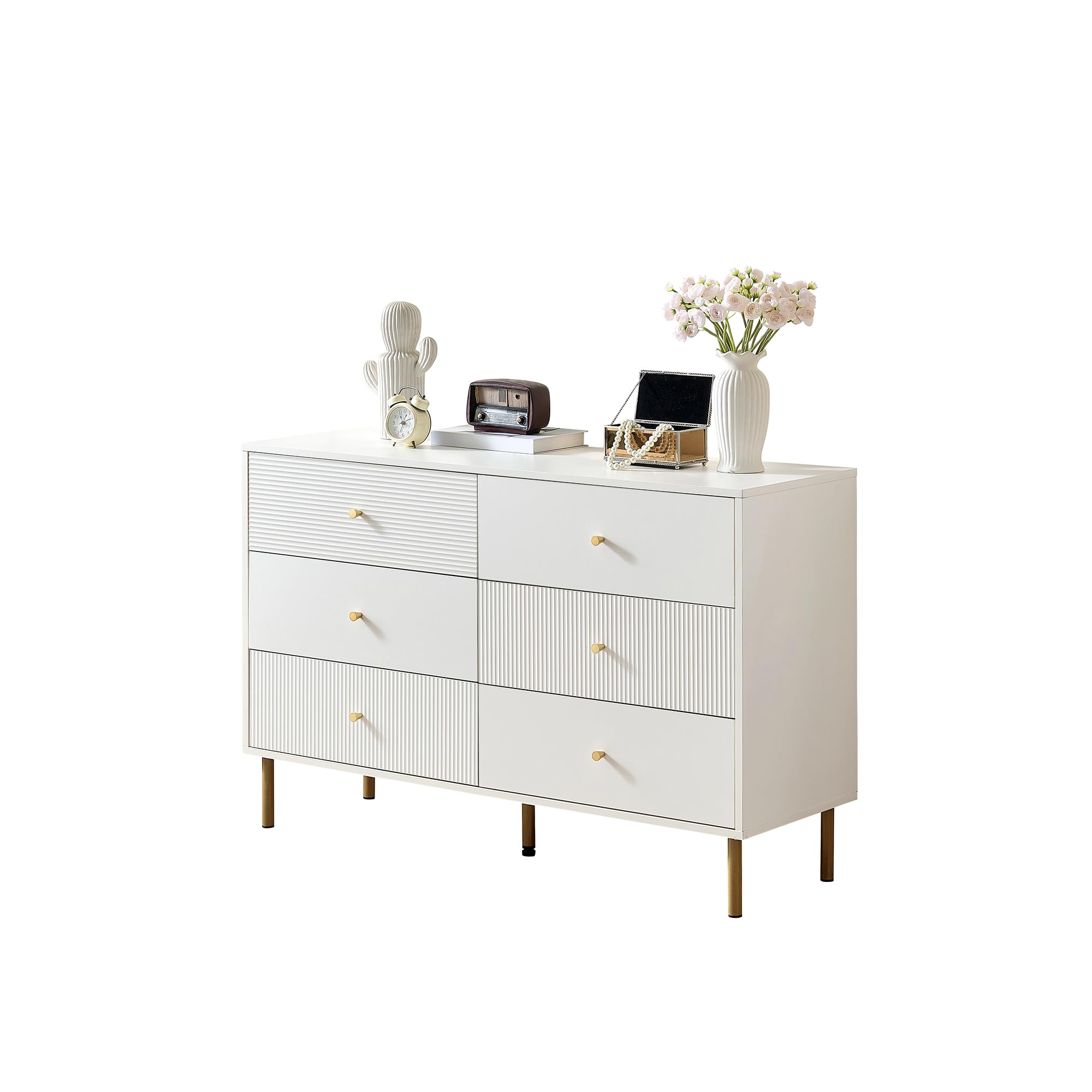 BTM Modernes 6-Schubladen-Kommode, Weiße Aufbewahrungs-Kommode mit Zinklegierung-Griffen & Stahlbeinen, 120×40×78cm MDF-Schrank für Schlafzimmer, Wohnzimmer, Eingangsbereich