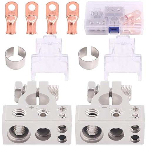 Glarks Juego de 8 conectores de terminales de batería de automóvil plateados con terminales de anillo de alambre de cobre, terminales de batería
