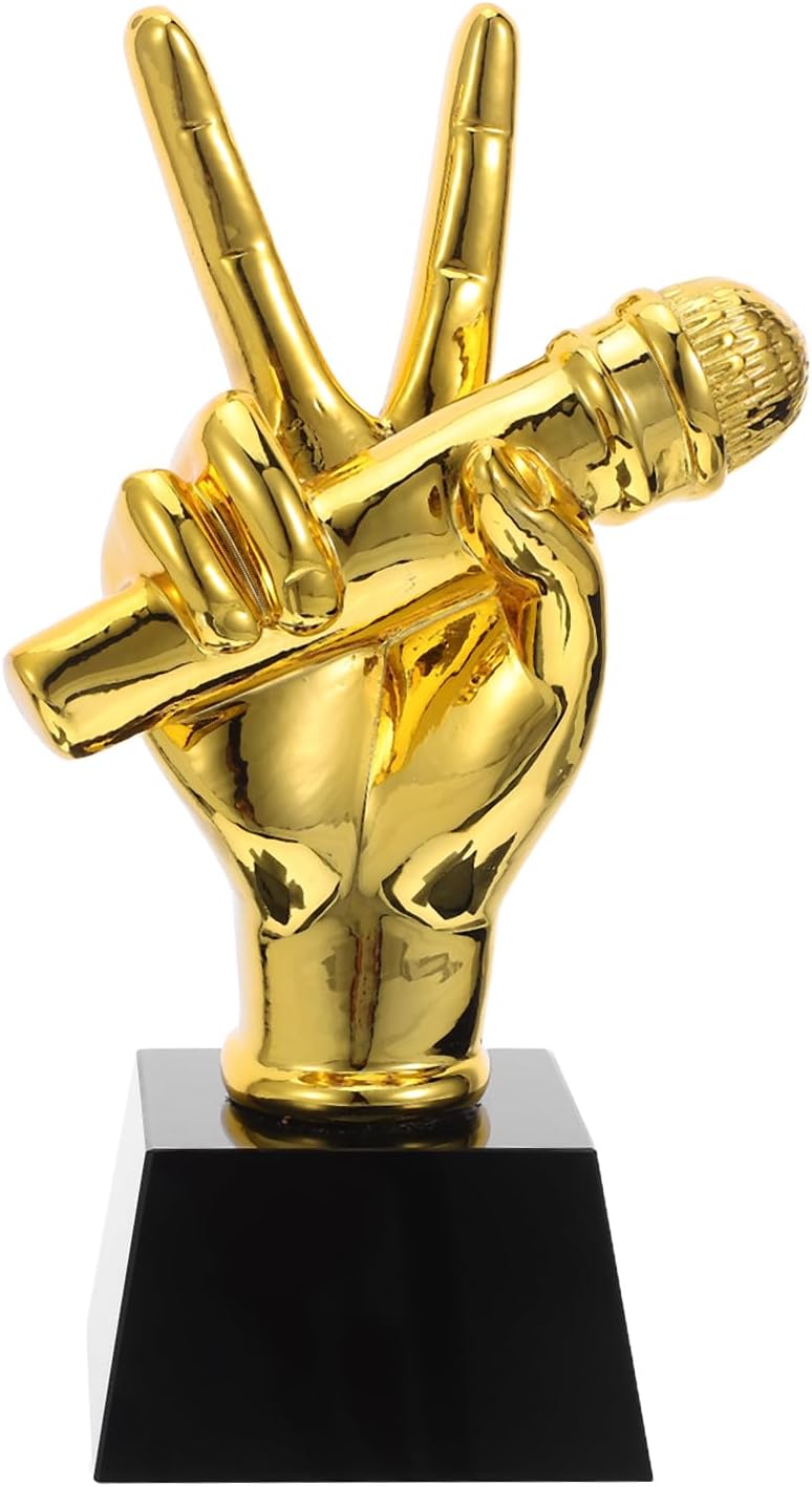 Retro Microphone Trophy: Musical Competitions Award Souvenir for Winners - Resin V Gesture Hold Microphone Trophy with Stable Base