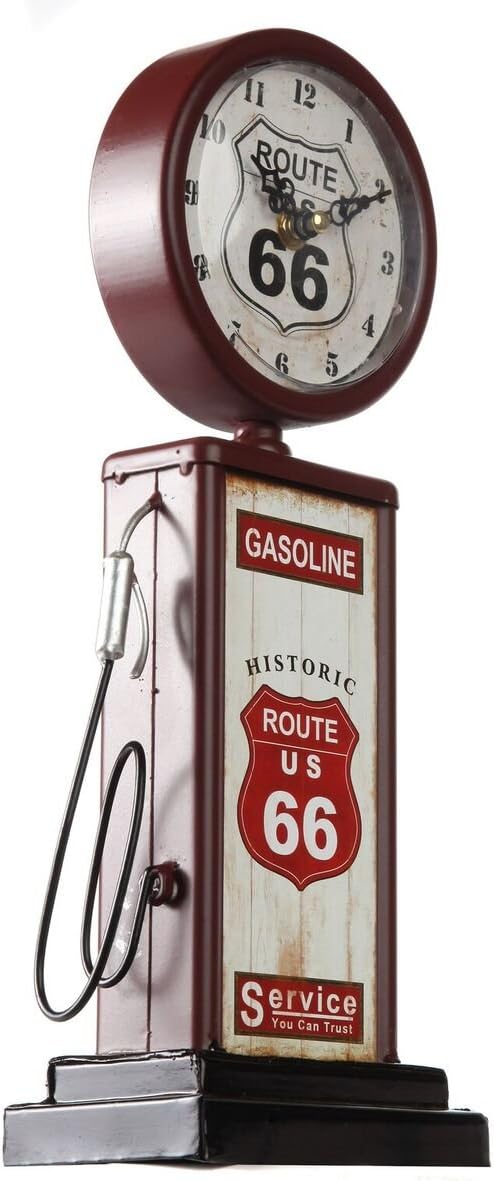 Lily's Home Old Fashioned Route 66 Gas Pump Mantle Clock, Silent-Non-Ticking with Quartz Movement, Makes an Ideal Gift for Antique Sign Collectors, Brown/Red (13 1/2 x 4 3/4)