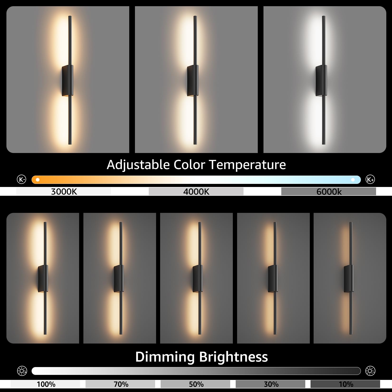 2 Stück LED Innen-Wandleuchte mit Akku Schwarz, Touch, Fernbedienung mit Timer & Schalter 60cm 7W, dimmbare batteriebetriebene Wandlampe für Wohnzimmer, Schlafzimmer und Flur