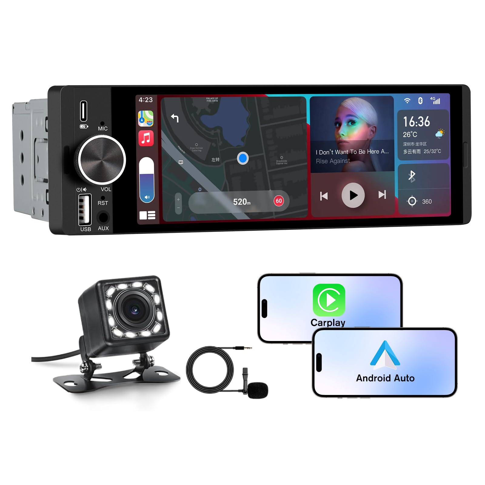 ANDROID - tumutumutumuri Pyniro Single Din Car Stereo, 6.36 Inch CarPlay & Android