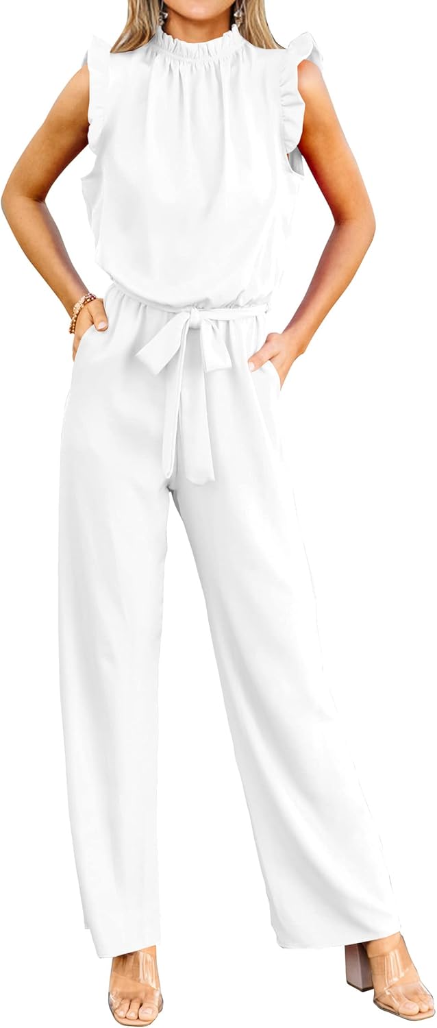 KIRUNDO Jumpsuits For Women Summer Dressy One Piece Sleeveless Ruffle Mock Neck Belt Pockets Formal Wide Leg Pants Romper