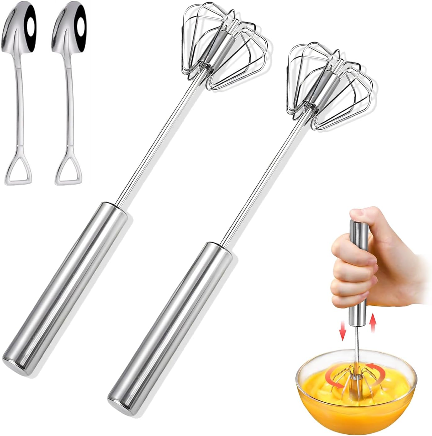 2Pcs 12-inch Stainless Steel Automatic Egg Whisk | Rotary Hand Push Mixer for Effortless Stirring – Ideal for Eggs, Milk, Cream & Baking – Heavy-Duty, Rust-Resistant Kitchen Tool