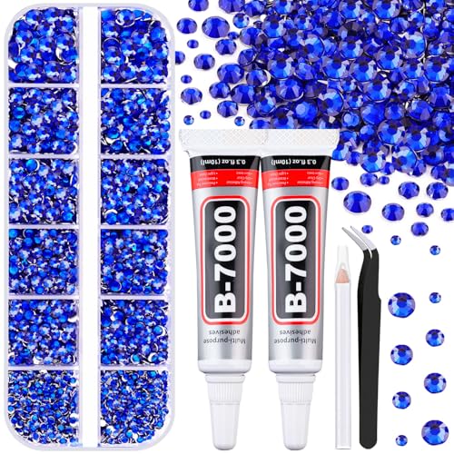 6100Pcs Royal Blue Rhinestones for Crafting with 2Pcs 10ml B7000 Jewelry Glue 1 Box Flatback Crystals Diamond for Bedazzling Crafts DIY Nail Art Resin Gems for Clothing Shoes