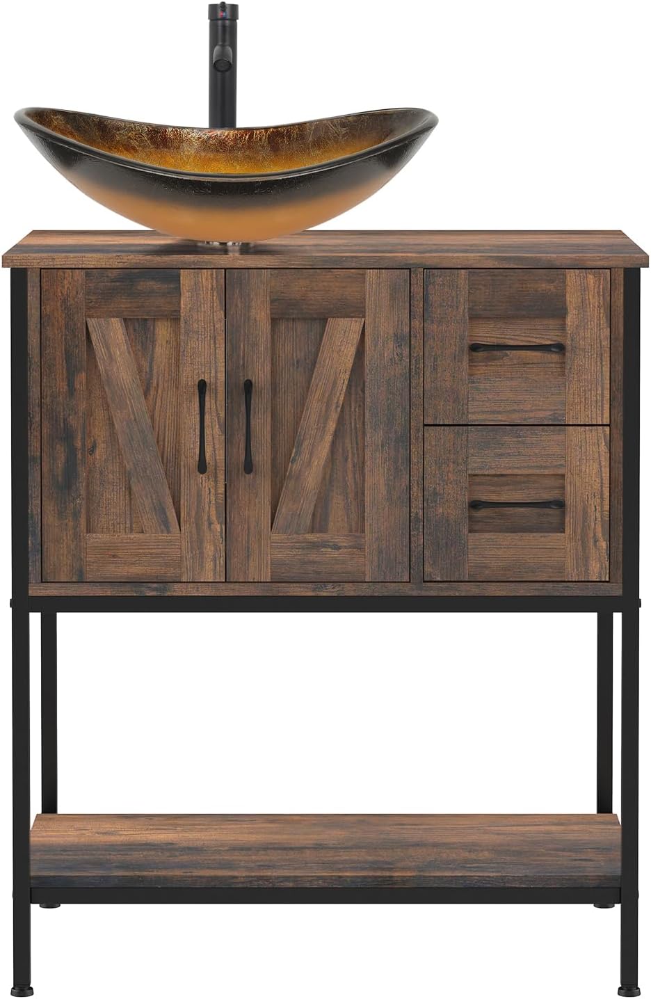 YOURLITE Bathroom Vanity, 30" Farmhouse Bathroom Vanity with Sink Combo Set, Rustic Brown Modern Wood Cabinet with Gold Gradient Boat Sink