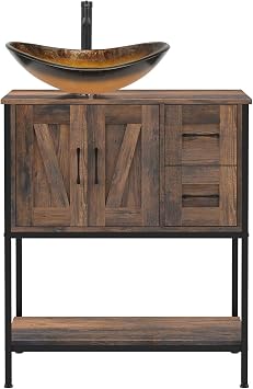 YOURLITE Bathroom Vanity, 30" Farmhouse Bathroom Vanity with Sink Combo Set, Rustic Brown Modern Wood Cabinet with Gold Gradient Boat Sink
