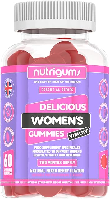 NUTRIGUMS® Women's Vitality (Multivitamins + Probiotics) 60 Vegan Gummies. Mixed Berry Flavour. With 19 Active Nutrients. Gut, Bones, Energy, Hair, Skin, Vision & Immunity. Suitable for Women Ages 12+