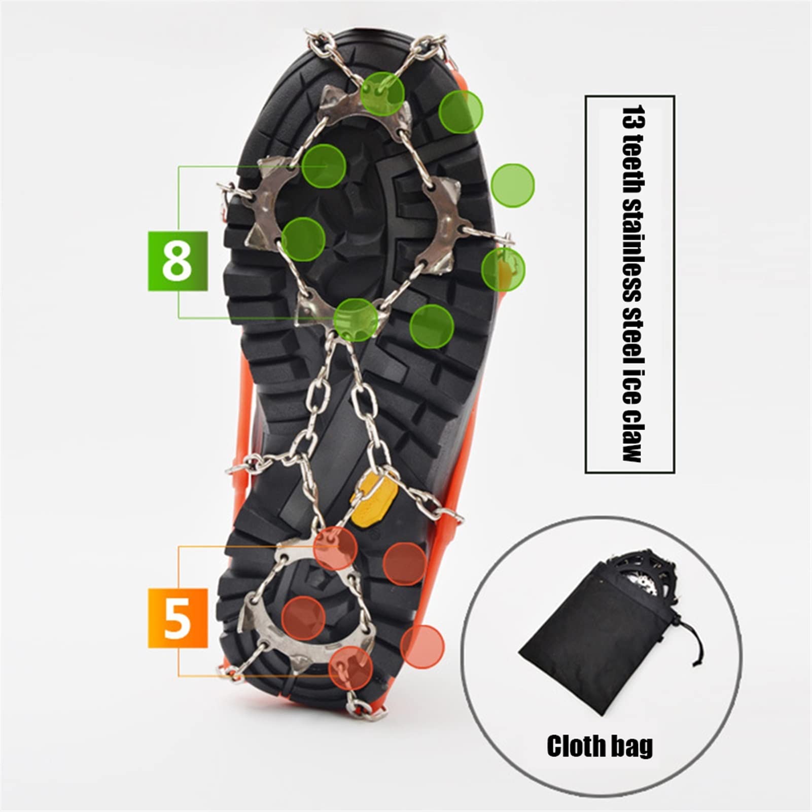Crampones 1 par 13 Dientes Amplia de Hielo Spike for Zapatos Antideslizante Senderismo Escalada Suelta Picos de Nieve Crampones Clases Cadena Garras agarras Botas Cubierta (Color : M Orange)