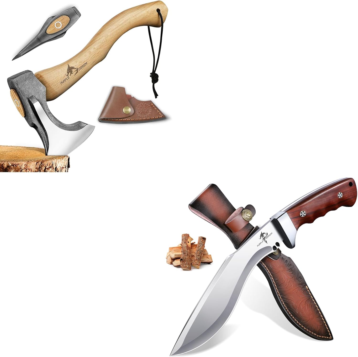 Purple Dragon 8 Inch Kukri Fixed Blade Knife With Sheath, Camping Hatchet 14.7 Inch