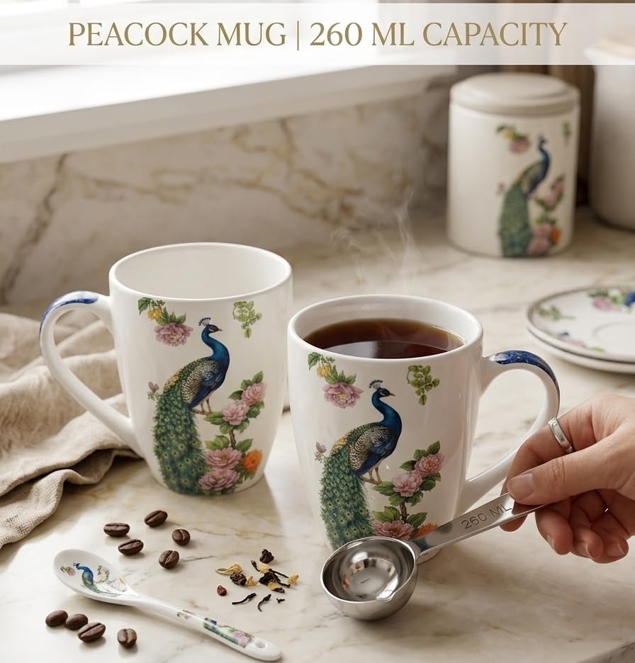 Image of Alive Royal Peacock Printed Tea /Coffee Mugs Set of 2 to Gift to Best Friends, Coffee Mugs, Microwave Safe Ceramic Mugs,(260 ml Each)