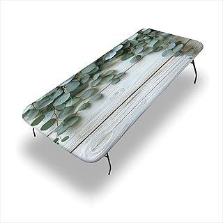 Table Skirt for Folding Tables, Green Leaves on White Wood Pattern Printed on Stain Resistant Table Cover, for Kitchen Dining Party Patio Tabletop Decoration, 6FT 30"x72"