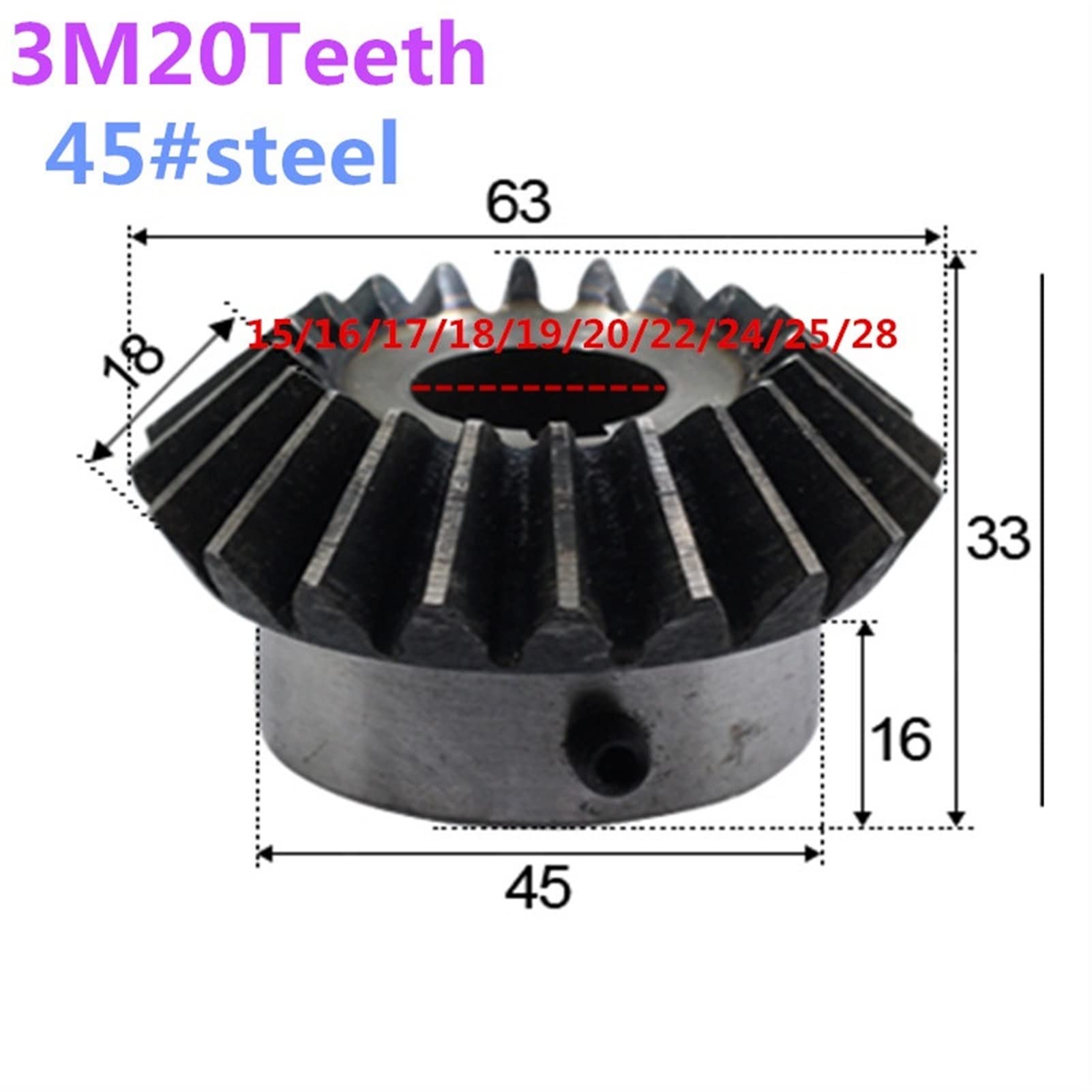 ingranaggi conici, ingranaggi conici in acciaio, 2 pezzi 3 moduli 20 denti 90 gradi angolo di maglia ingranaggi in acciaio 15 mm 16 mm 18 mm 20 mm 28 mm foro interno ingranaggio M5 vite sperone smussa