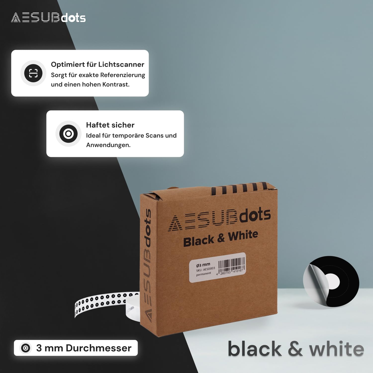 AESUB Dots black&white - Punti di riferimento bianchi per scanner 3D con luce strutturata, autoadesivi e bidirezionali, adatti per spray AESUB, Ø 3 mm, rotolo con perforazione di demolizione