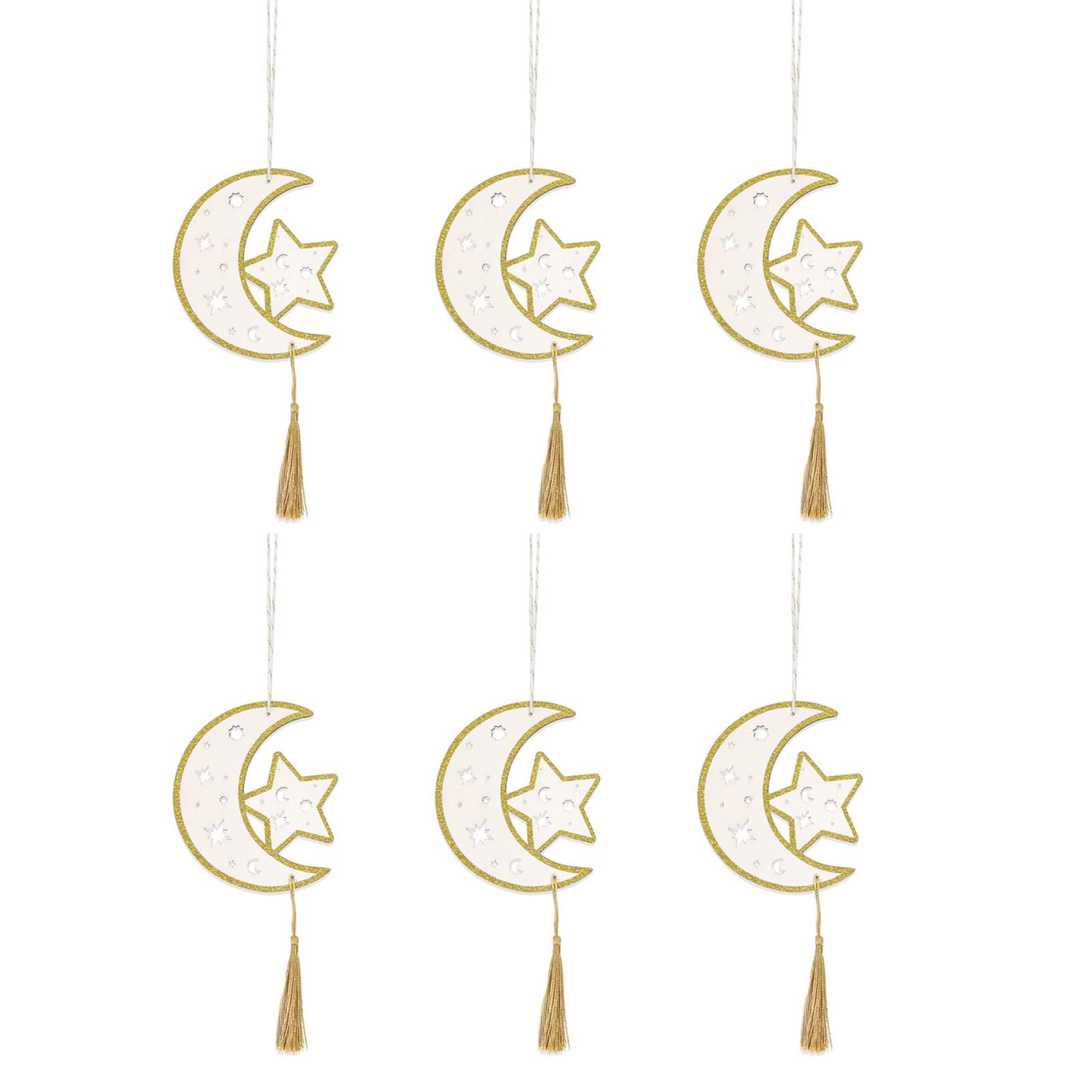 carotoe 6pcs Wood Star and Moons Ornament with Tassels Fringe Pendant for Ramadans Celebration Home Decoration Supplies Tassels Wall Hanging