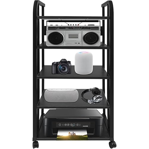 5-Tier AV Media Stand, Adjustable Audio-Video Shelving Rolling AV Rack Stereo Components Storage Stand Movable Audio Stereo Rack with Wheels for Home, Office, Theater, Recording Room