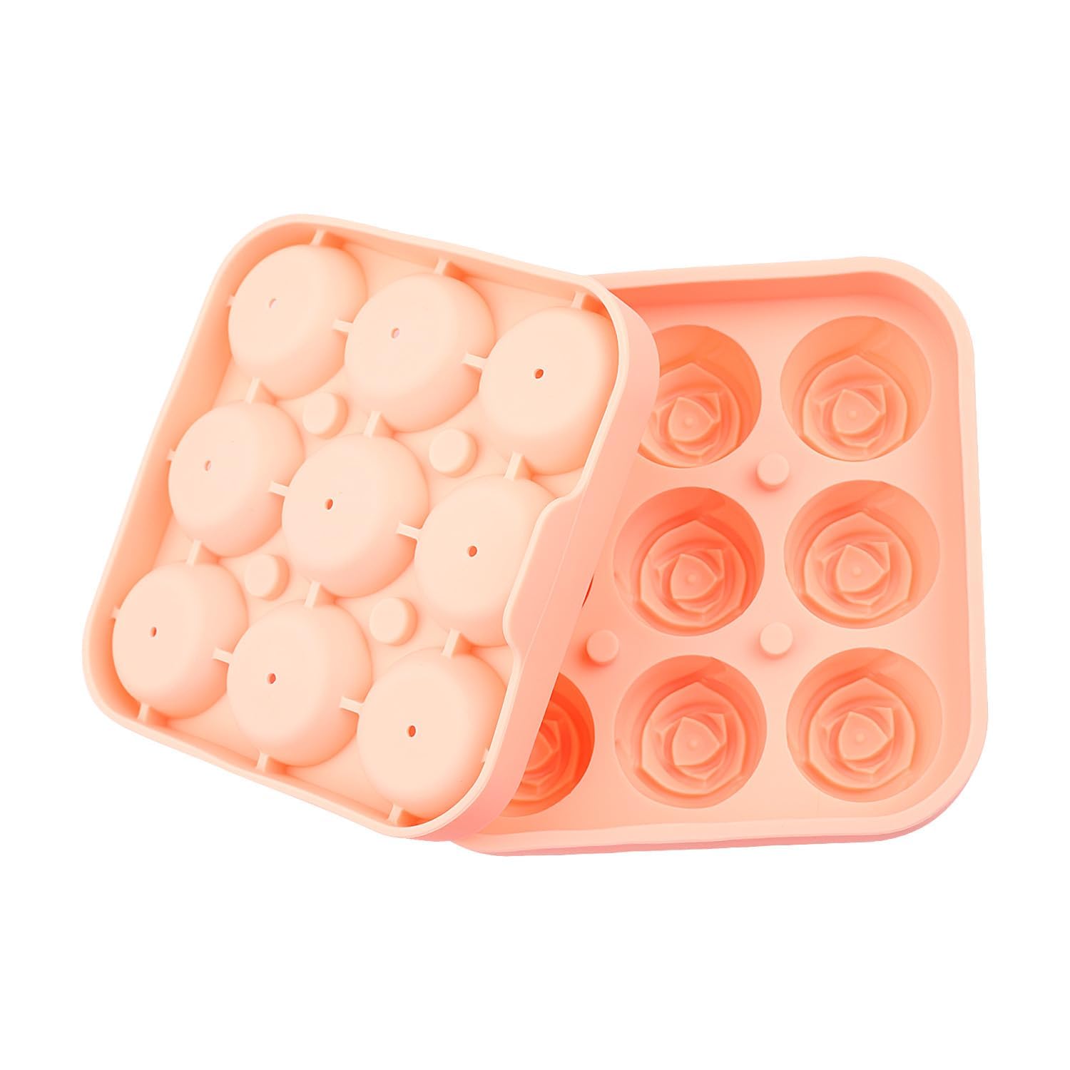 Wellrun 9 Cavity Rose Silicone Ice Cube Tray,3D Flower Ice Ball Maker for Whiskey,Cocktails,Iced Drinks,Juice,Coffee,Reusable Non Stick Mold with Lid for Freezer and Party(Pink)