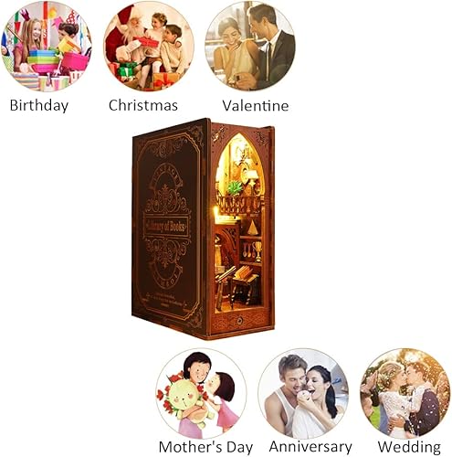 Miniatura 6 de Soporte de madera 3D para libros, rompecabezas DIY casa de muñecas sujetalibros de madera, kit de construcción con luz LED para adultos para