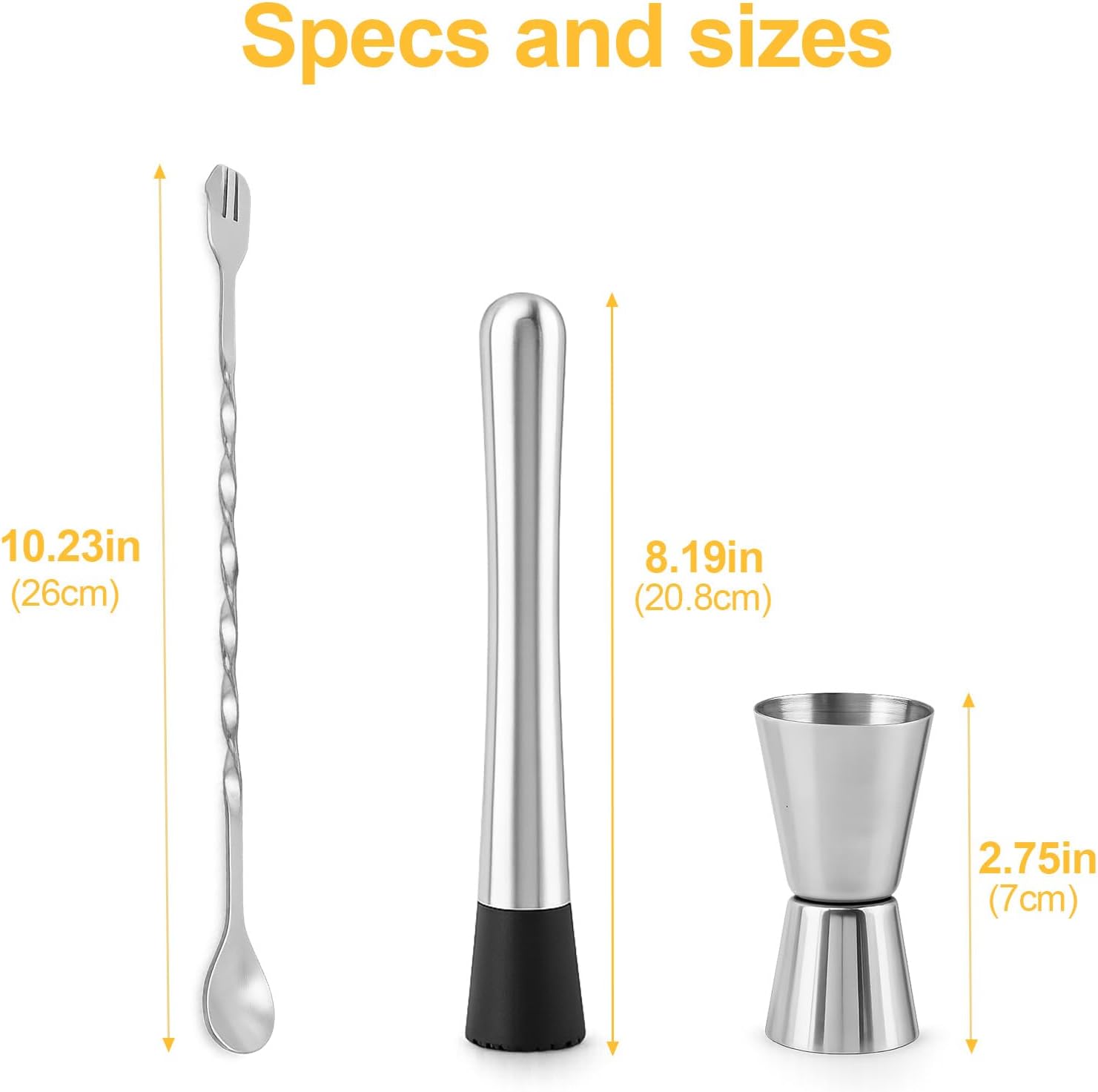 Muddler for Cocktails Set, 10 Inch Stainless Steel Bar Muddler Tool, Drink Mixing Set with Mixing Spoon and Measuring Jigger for Making Mojitos, Margaritas and Cocktails