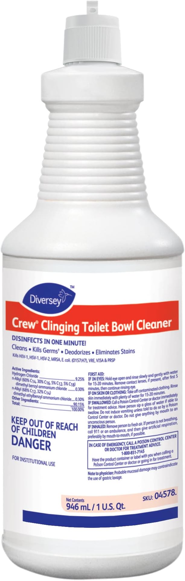 CREW Diversey Clinging Toilet Bowl Cleaner, Floral Scent, Liquid, 1 Qt. Bottl...
