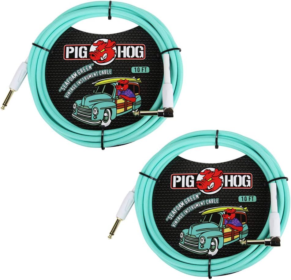 Pig Hog Vintage-Series Woven Instrument Cable (Seafoam Green, 10', Right Angle), (2-Pack)