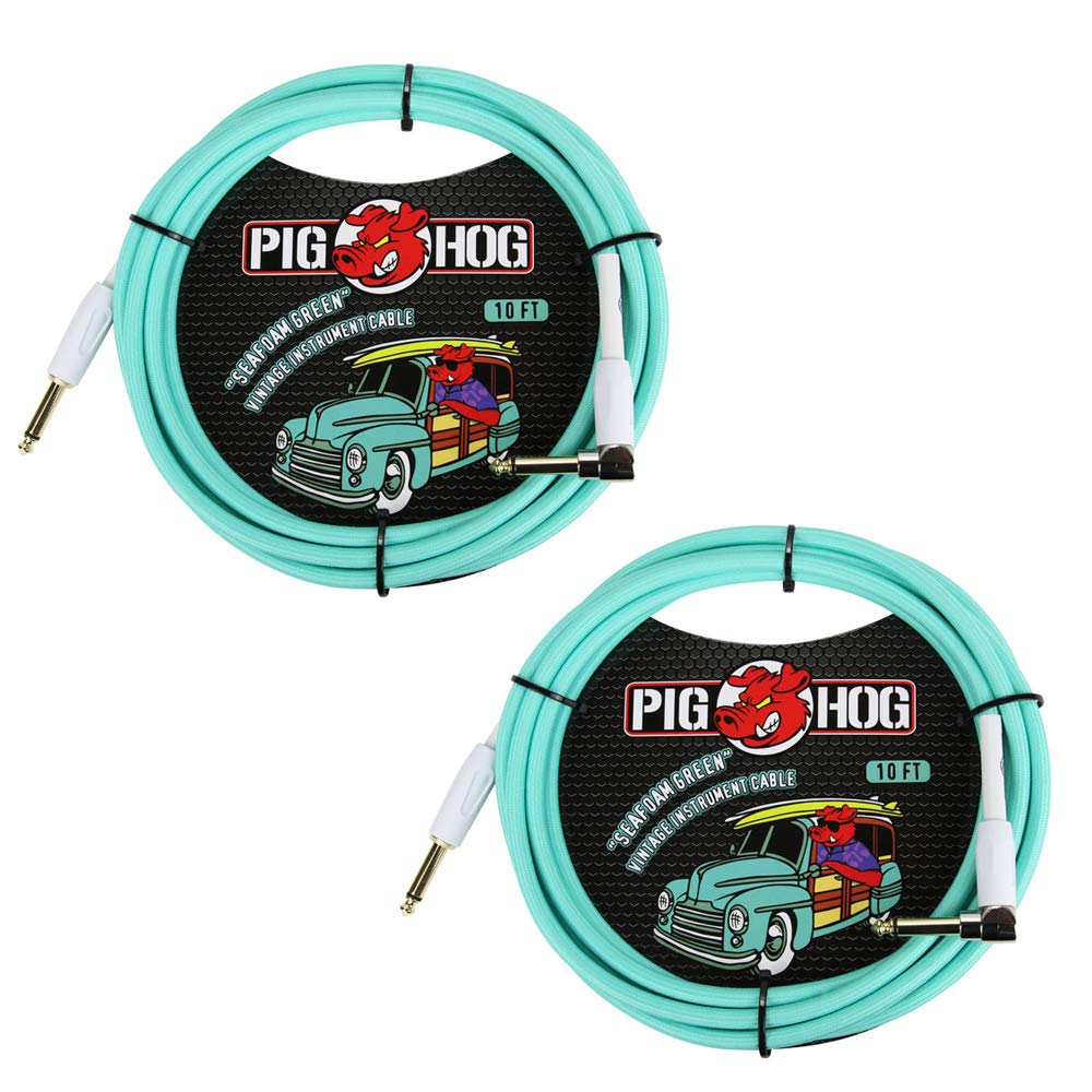 Pig Hog Gewebtes Instrumentenkabel der Vintage-Serie (Seafoam Green, 3,4 m, rechtwinklig), 2 Stück