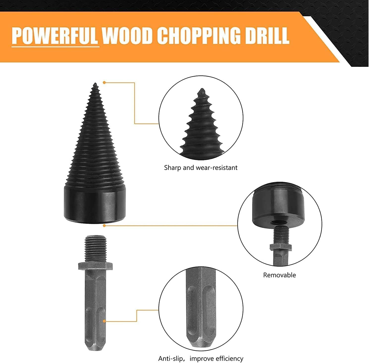 Brennholzbohrer 42mm Mit 3 Griffen - Kegelspalter Für Bohrmaschine Zum Holzspalten