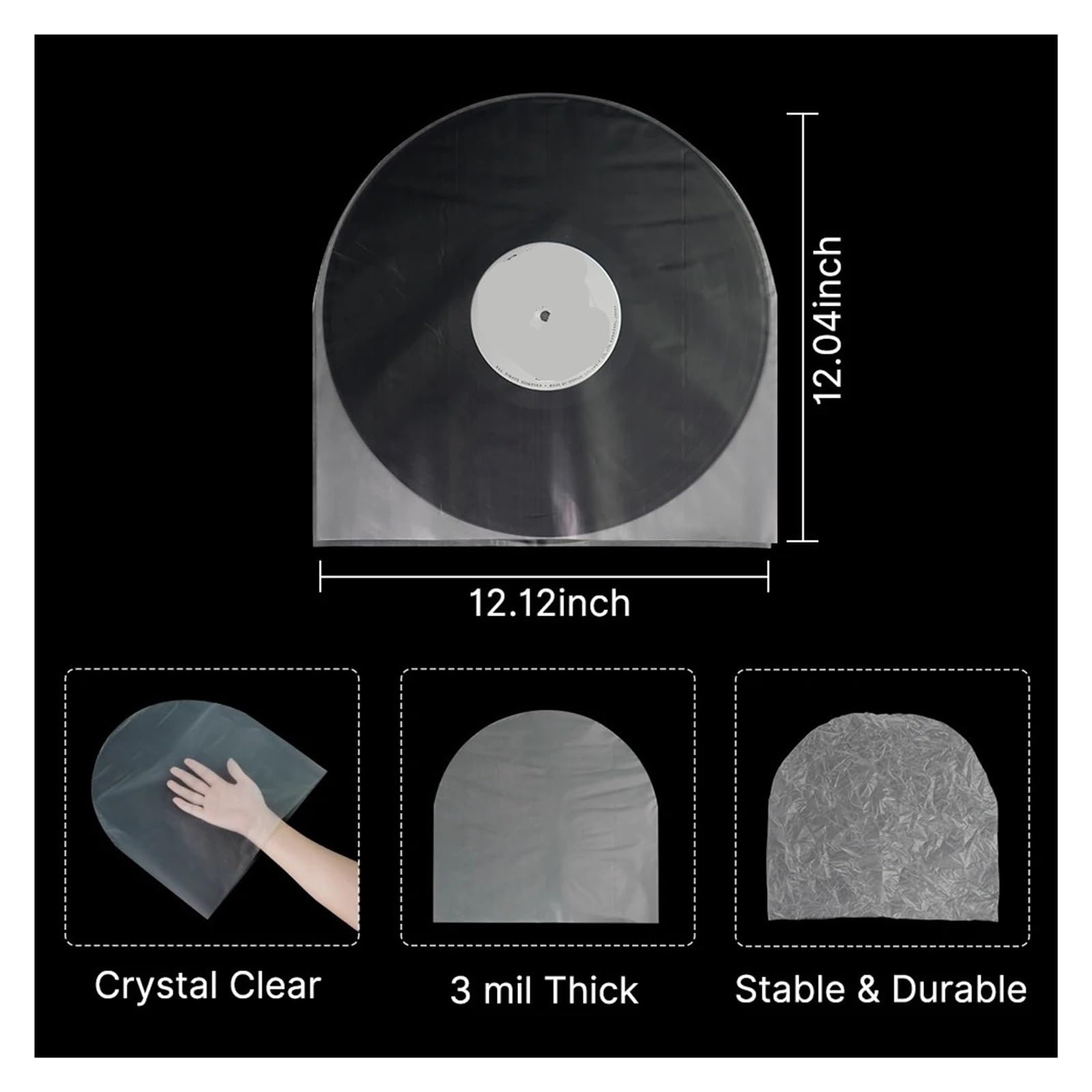 Buste interne in vinile, Confezione Da 50 Buste Interne for Dischi In Vinile In Plastica Trasparente 3 Mil for LP 12'' Quadrate A Semicerchio(Transparent 50pcs Semicircle)