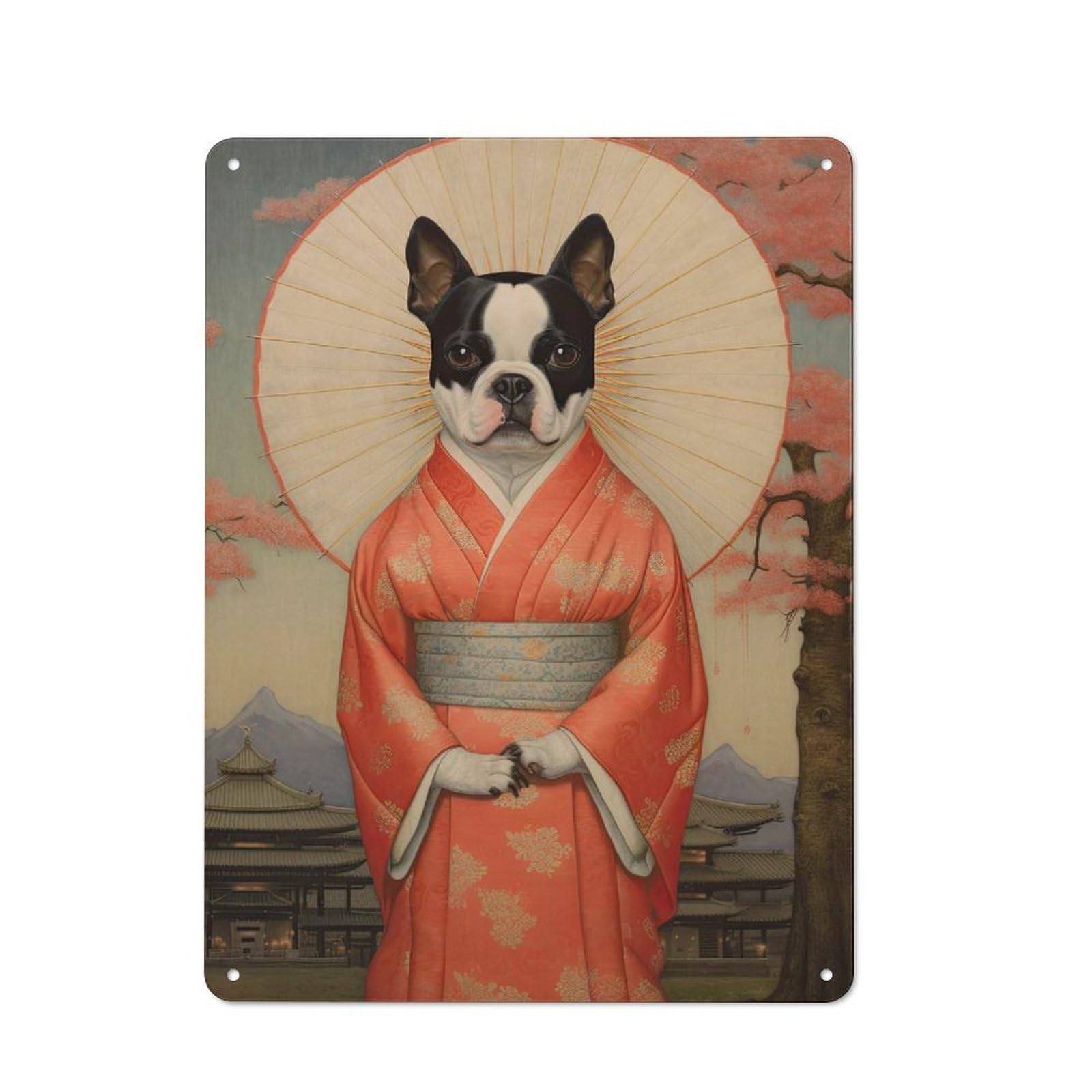 Junmoney Style-15 Metal Plaque 40X30cm With Boston Terrier Geisha For Pub Or Café, Vintage Decor, For Vintage Wall Decor Fans, For Metal Sign Collectors