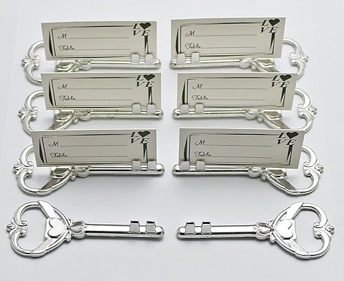 100 piezas de abrebotellas de plata multifunción y soporte para tarjetas de lugar, esqueleto antiguo, llave en forma de corazón, recuerdo de boda,