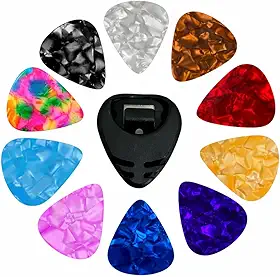 Kit 10 Palhetas 0,71mm Coloridas Sortidas + Suporte Adesivo – Violão/Guitarra/Baixo – Ideal para Iniciantes e Profissionais