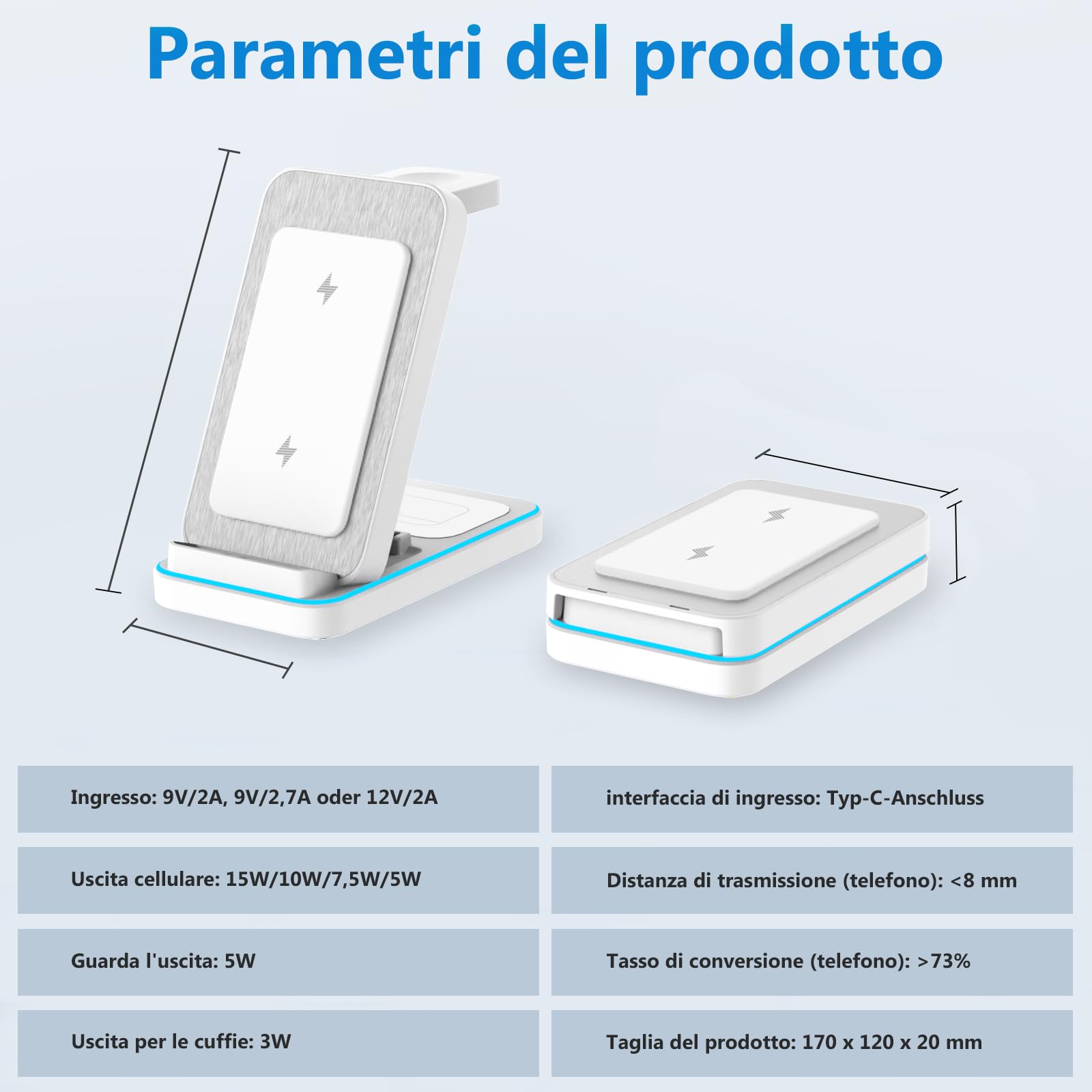 Stazione di Ricarica Wireless 3 in 1, Caricatore Pieghevole Wireless con Adattatore, Stand di Ricarica Multipla 15W Max per iPhone/Samsung/Apple Watch/Apple Earphones (Bianco)