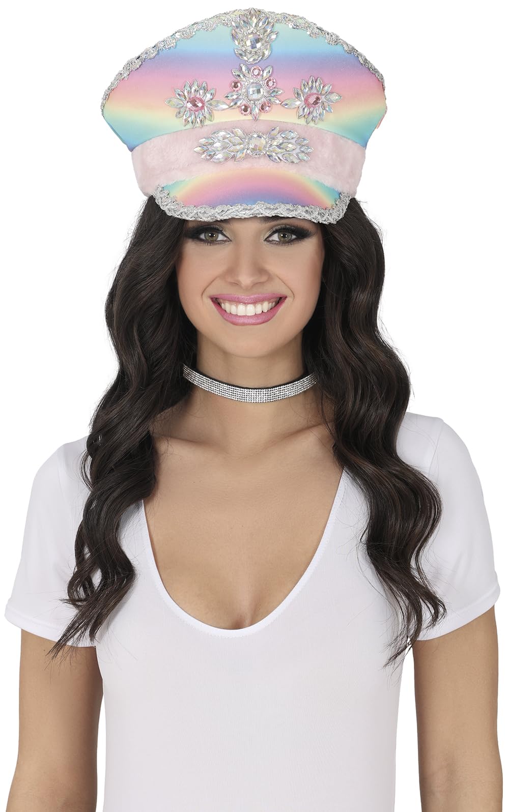 FIESTAS GUIRCA | Multicolour Police Hat with Pink Ribbon - Fancy Dress Accessory for Carnival and Halloween Parties - Ideal for Unisex Adults - Fun Hat for Celebrations - Multicolour