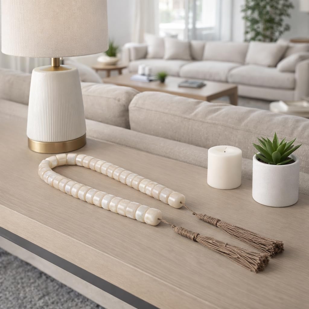 Slim Beaded Garland Accent with Jute Tassels for Home Decor - Modern Bathroom, Office, and Living Room Styling - Decorative Ornaments for Shelf and Coffee Table Decor - 1", Ivory & Tan