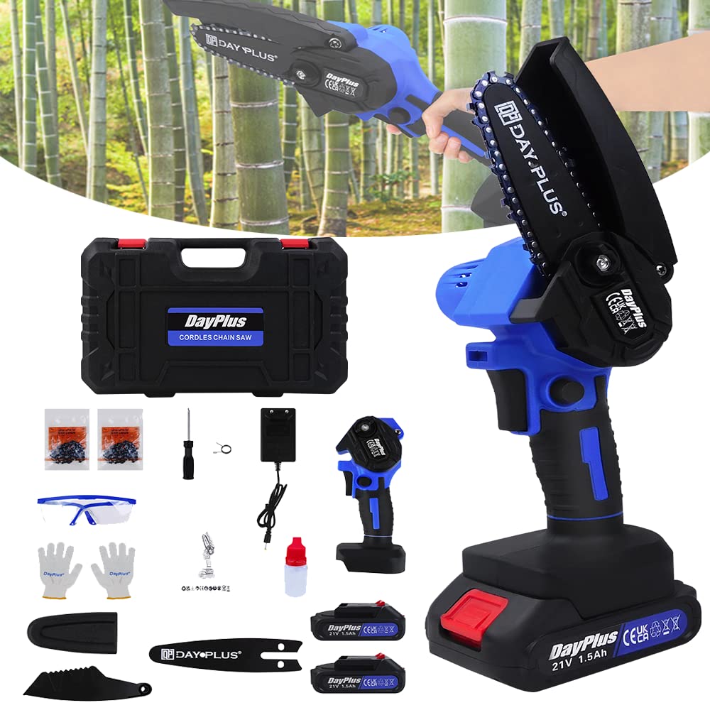 Cordless Mini Chainsaw 4 inch with 2 Batteries and 1 Charger, 2 Chains Brushless Electric Chainsaw Cordless, Handheld Cordless Portable Chainsaws for Tree Branches Household Garden — image 1