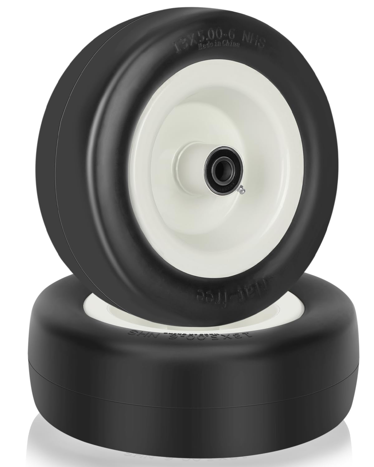 2 Pcs 13x5.00-6 Flat Free Tire and Wheel with Reinforced Rim and 3/4" Chrome Steel Bearings, 13x5x6 Lawn Mower Tires for Residential and Commercial, Zero Turn Mower Front Tires, 4.2"-5.2" Centered Hub