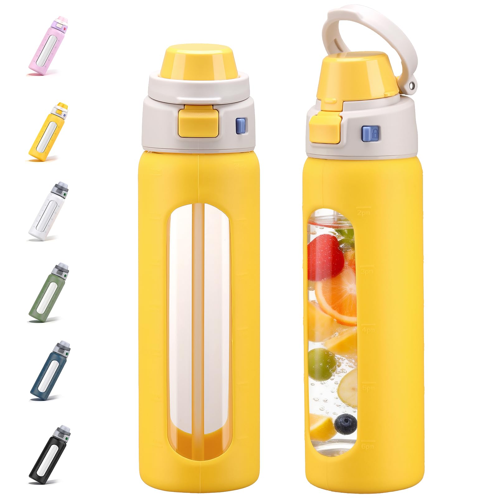 BLUEGO 2-in-1 Borosilicate Glass Water Bottle with Straw for Sports and Travel, 700ml Drinking Bottle with Silicone Sleeve, Leak Proof, BPA Free, Yellow