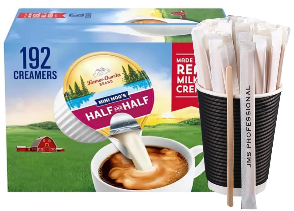 Coffee Creamer Singles Mini Moos Half & Half Creamer Singles, (192 Count), as a gift 20 wooden coffee stirrers wrapped in paper from JMS PROFESSIONAL.